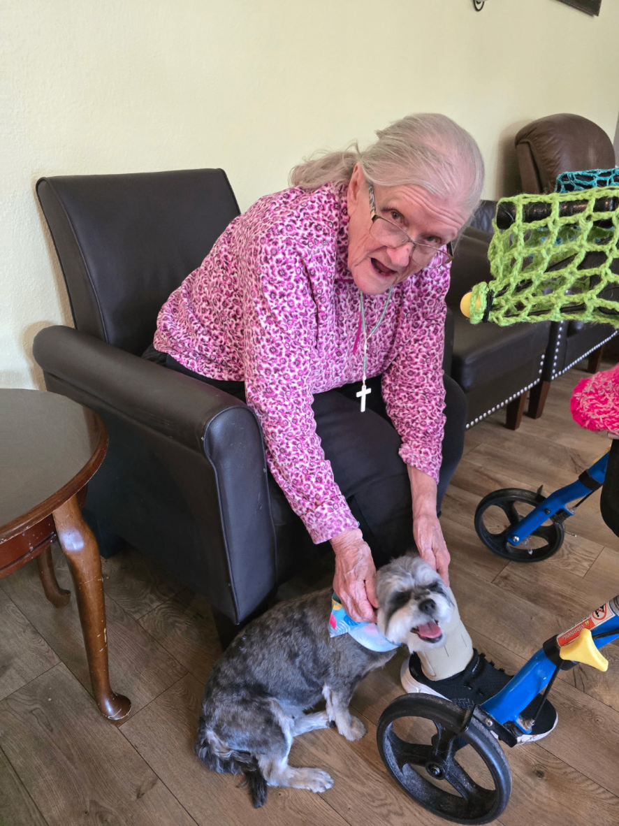 Resident greeting a visiting therapy dog