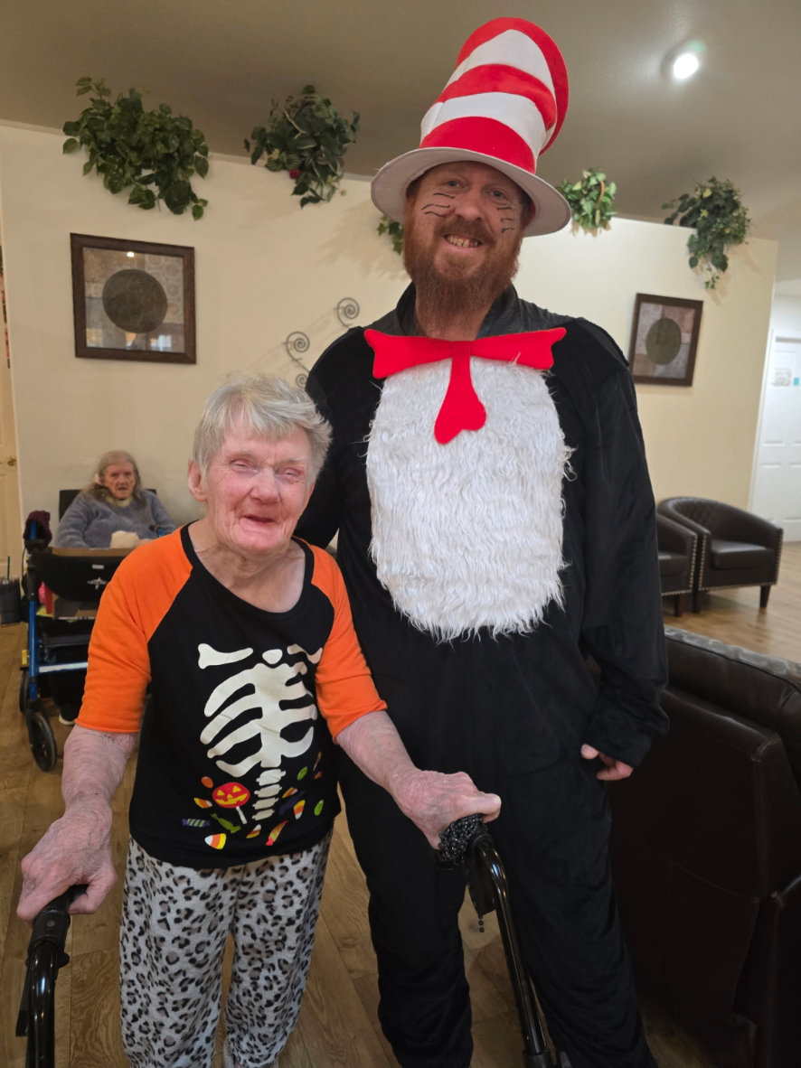 Halloween costumes — Cat in the Hat and skeleton